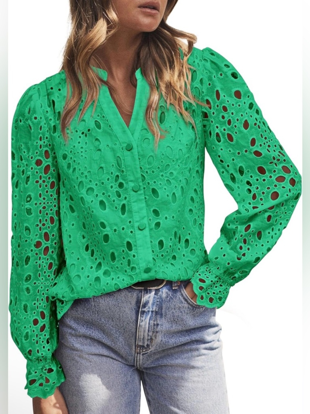 Fashion Emerald Eyelet Button-Front Blouse
